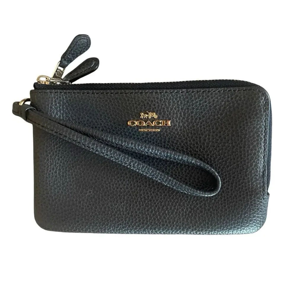 COACH 87590 Double Corner Zip Wristlet Wallet Gray Pebbled Leather Gold Tone